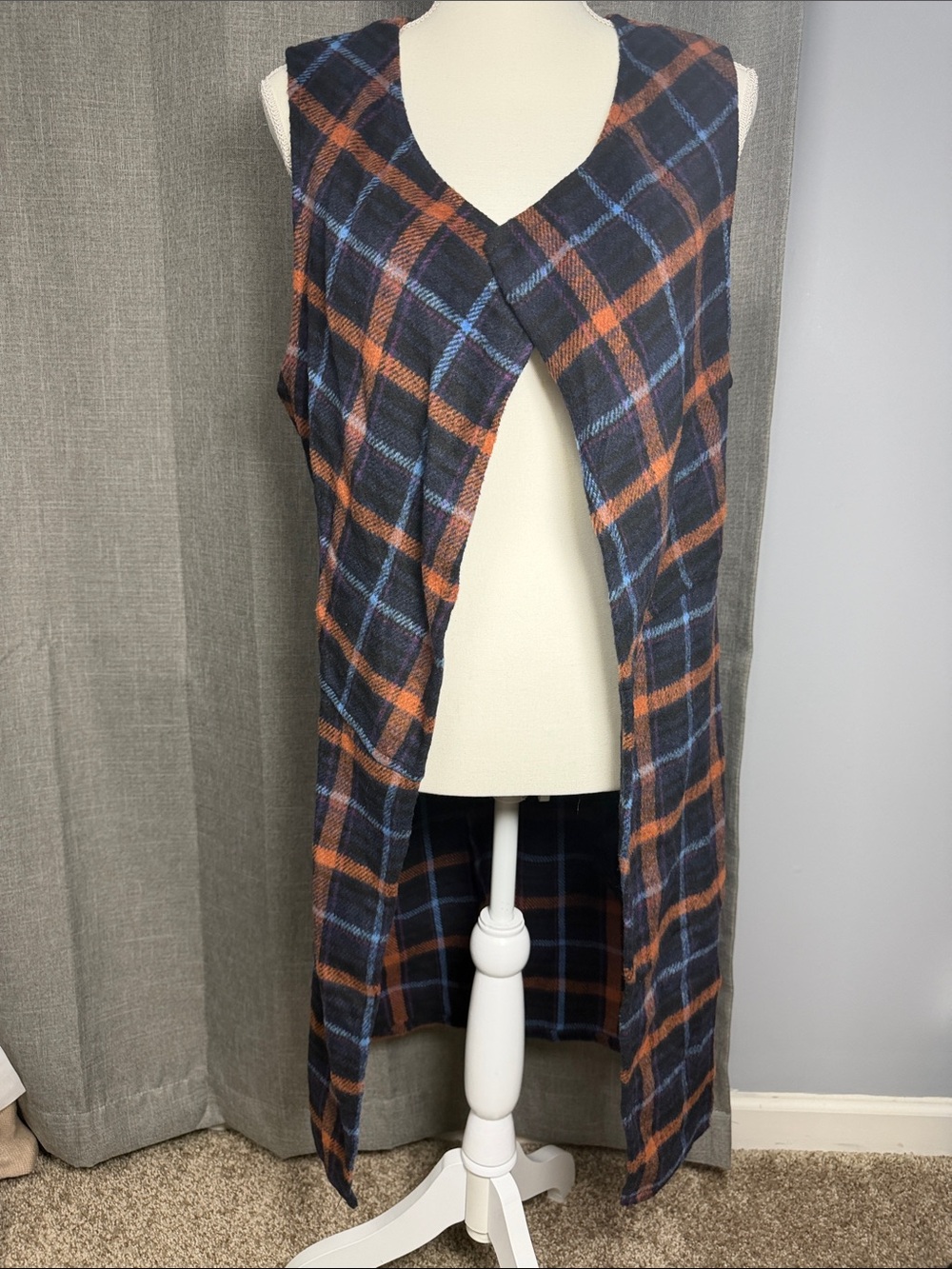 Plaid Long Open Vest – Navy and Rust